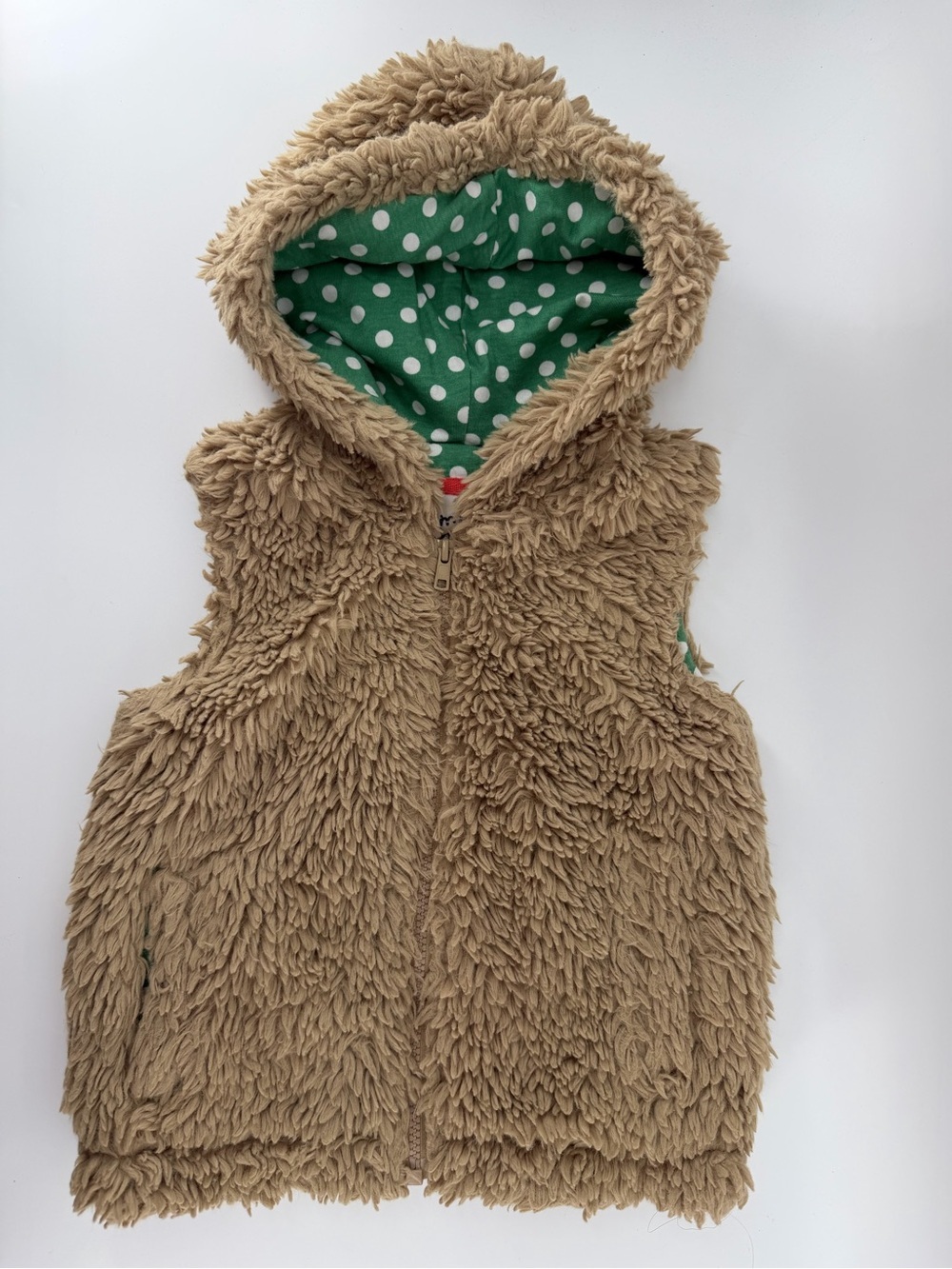 Mini Boden Green Polka Dot lined Tan Oatmeal Sherpa Vest 5-6Y Unisex